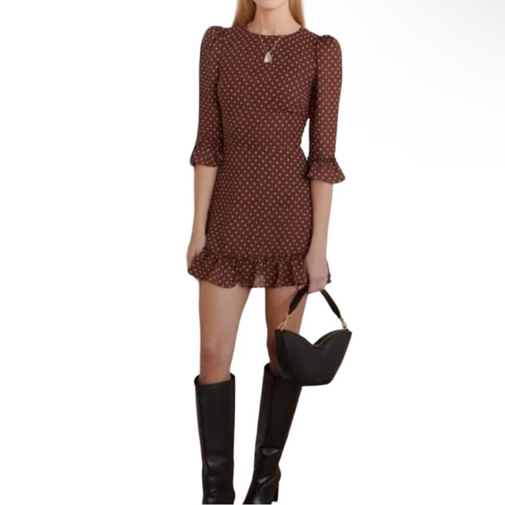 Reformation Doutzen Dress In Brown Polka Dot